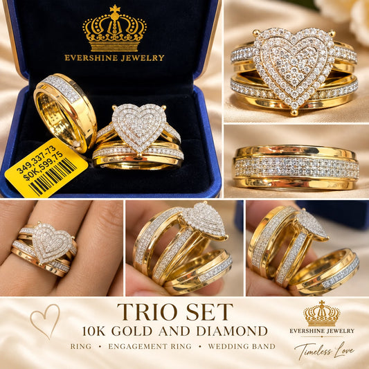 10K Yellow Gold Diamond Heart Trio Wedding Ring Set Engagement & Matching Bands