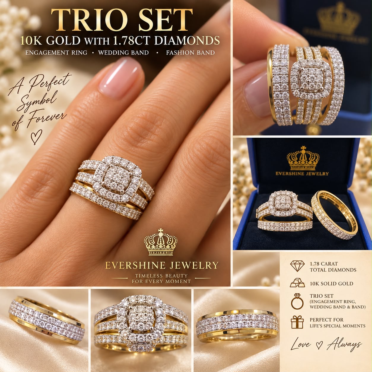 10K Yellow Gold 1.78 CT Diamond Trio Wedding Ring Set Engagement & Bands