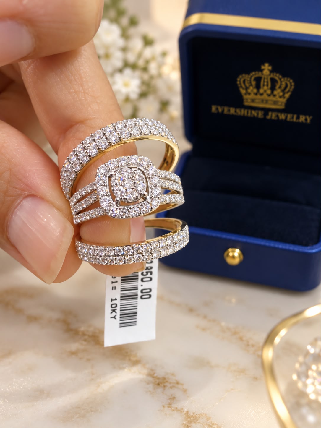 10K Yellow Gold 1.78 CT Diamond Trio Wedding Ring Set Engagement & Bands