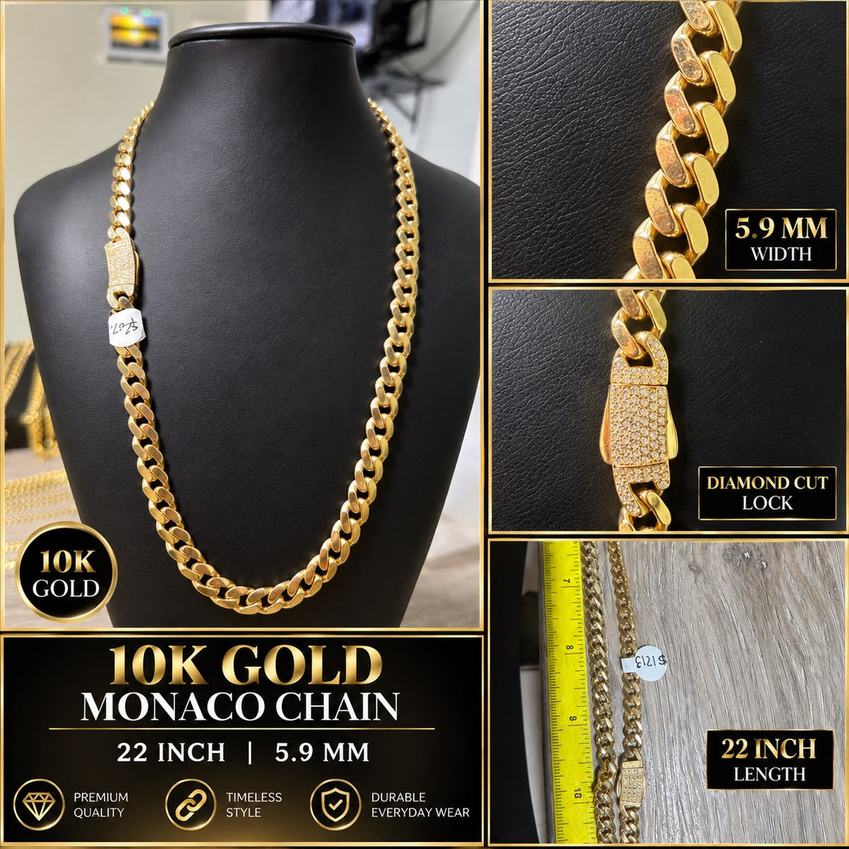 10K Yellow Gold Monaco Chain 22” 5.9mm Diamond Cut Lock Men’s Necklace