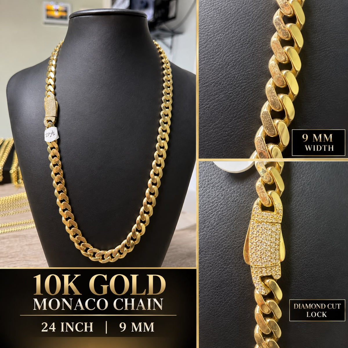10K Yellow Gold Monaco Chain 24” 9mm Diamond Cut Lock Men’s Necklace