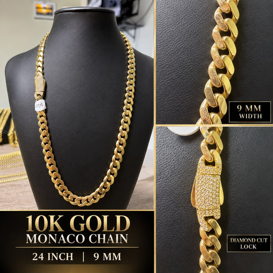10K Yellow Gold Monaco Chain 24” 9mm Diamond Cut Lock Men’s Necklace
