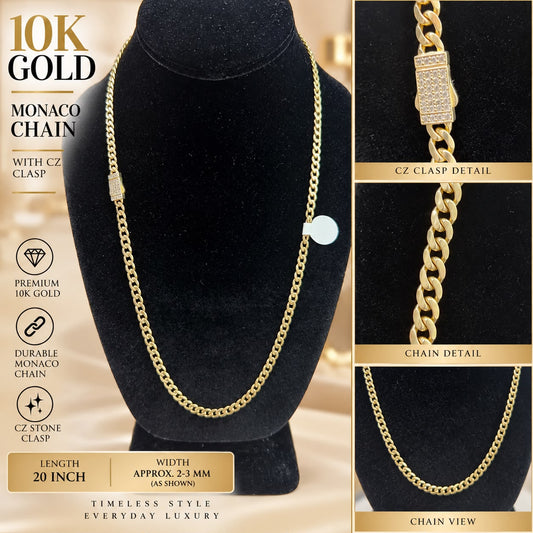 10K Yellow Gold 4.2mm Monaco Cuban Link Chain 20” CZ Clasp Necklace