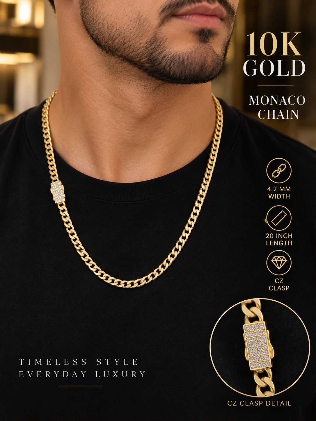 10K Yellow Gold 4.2mm Monaco Cuban Link Chain 20” CZ Clasp Necklace