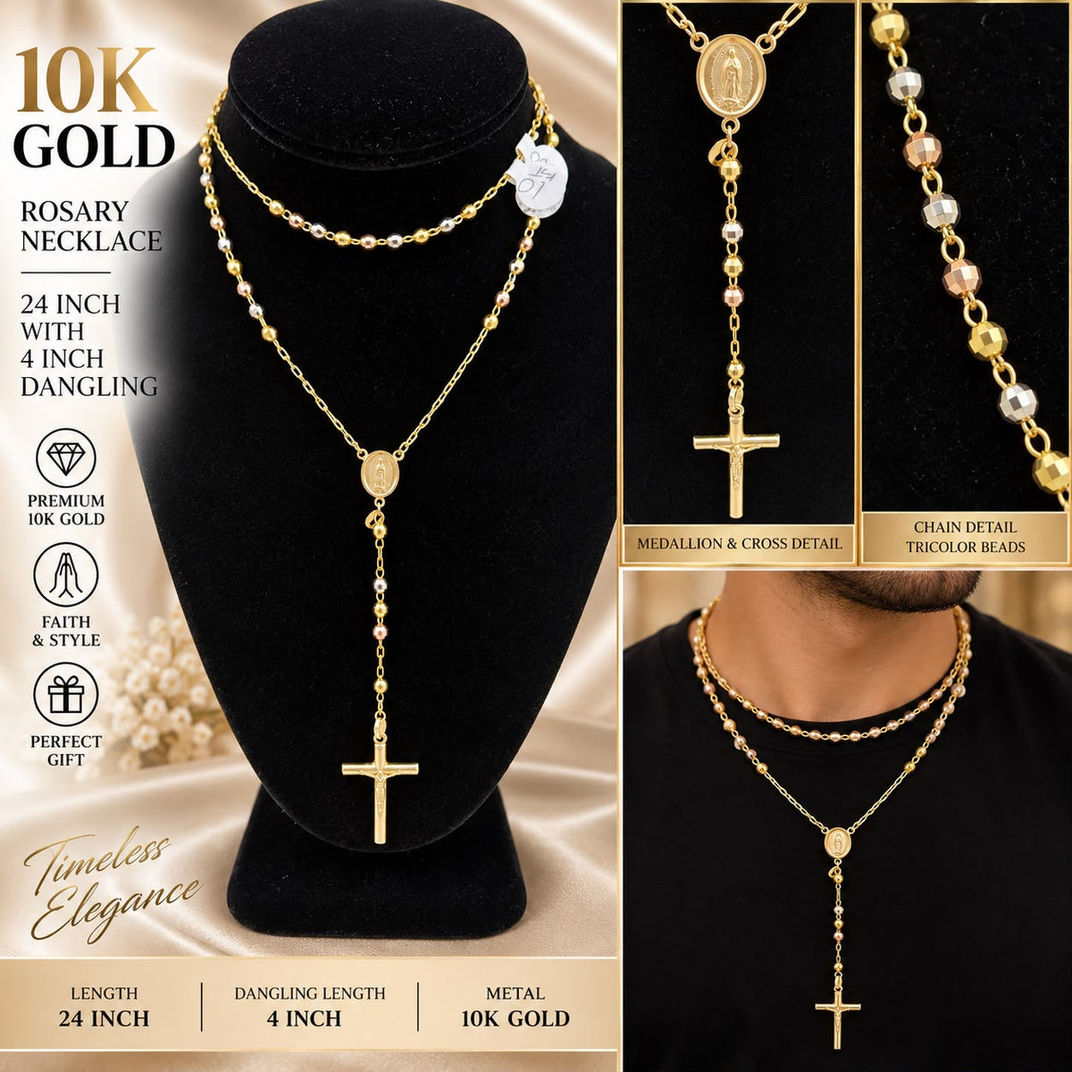 10K Gold Rosary Necklace 24” Tricolor Beads Virgin Mary Crucifix Cross 4” Drop