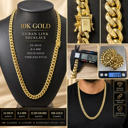 10K Yellow Gold Cuban Link Necklace 24” 8.4mm 15.89g Solid Gold Chain