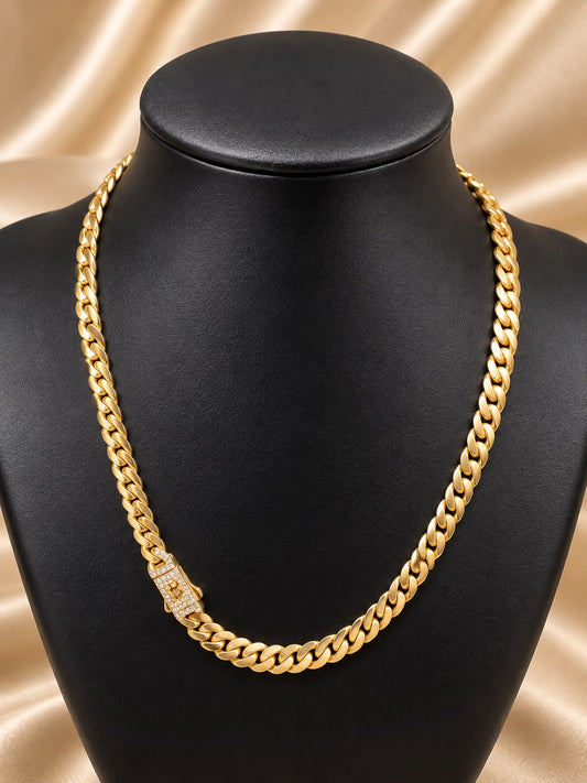 10K Yellow Gold Monaco Chain 16” 7.1mm CZ Box Clasp Cuban Link Necklace