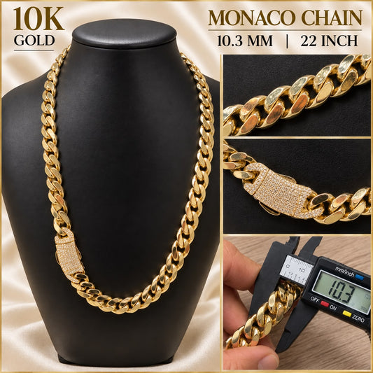 10K Yellow Gold Monaco Chain 22” 10.3mm CZ Box Clasp Cuban Link Necklace