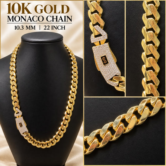 10K Yellow Gold Monaco Chain 22” 10.3mm CZ Box Clasp Cuban Link Necklace