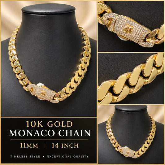 10K Yellow Gold Monaco Chain 14” 11mm CZ Box Clasp Cuban Link Necklace