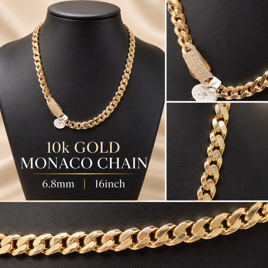 10K Yellow Gold Monaco Chain 16” 6.8mm CZ Box Clasp Cuban Link Necklace