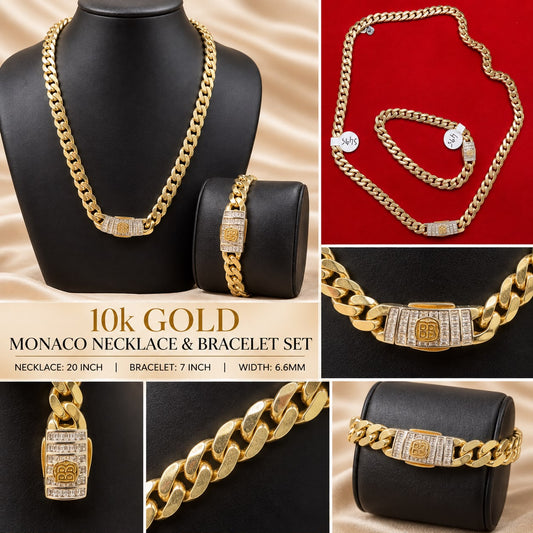 10K Yellow Gold Monaco Necklace & Bracelet Set 20” 7” 6.6mm CZ Clasp