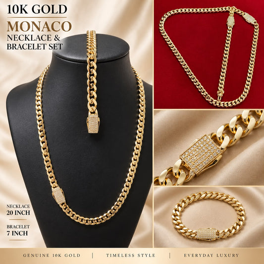 10K Yellow Gold Monaco Necklace & Bracelet Set 20” 7” CZ Box Clasp