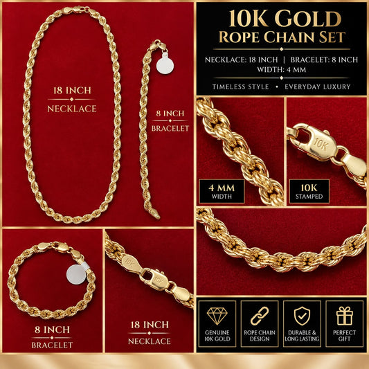 10K Yellow Gold Rope Chain Necklace & Bracelet Set 18” 8” 4mm