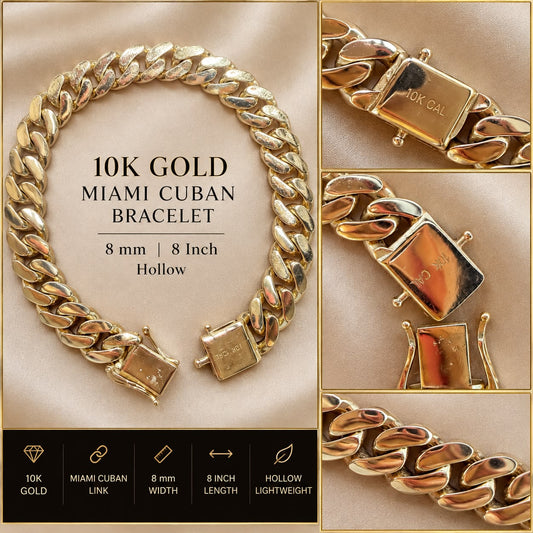 10K Yellow Gold Miami Cuban Link Bracelet 8mm 8” Hollow Box Clasp