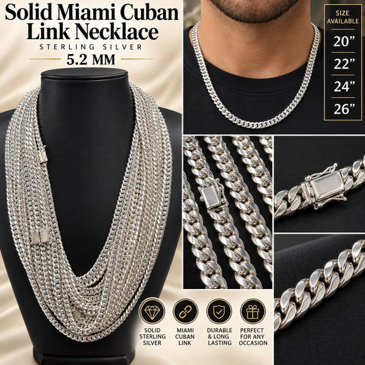 Solid Sterling Silver 5.2mm Miami Cuban Link Chain Necklace 20” 22” 24” 26”