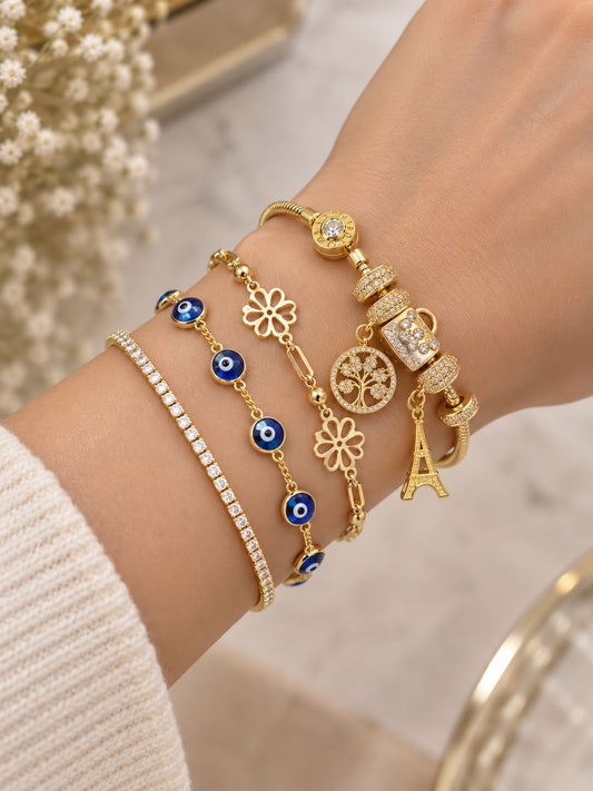 10K Yellow Gold CZ Bracelet Stack 4pc Evil Eye Flower Tennis Charm Set DEAL