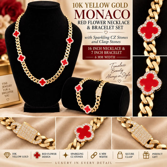 10K Yellow Gold Monaco Red Flower CZ Necklace & Bracelet Set 6mm