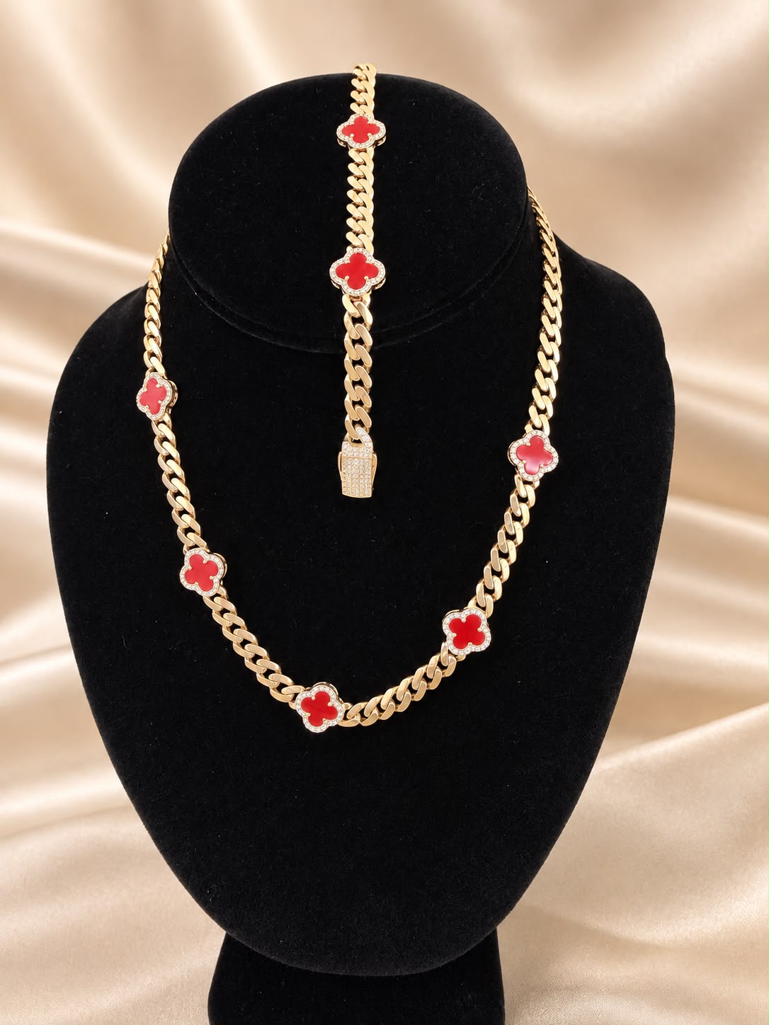 10K Yellow Gold Monaco Red Flower CZ Necklace & Bracelet Set 6mm