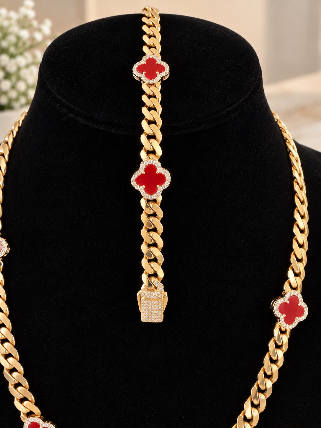 10K Yellow Gold Monaco Red Flower CZ Necklace & Bracelet Set 6mm