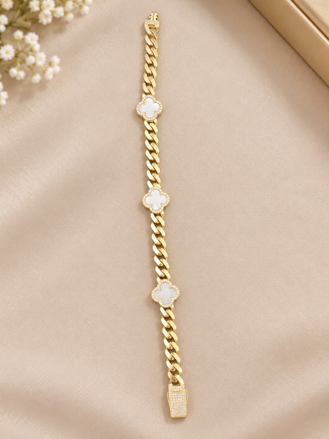10K Yellow Gold Monaco Bracelet with Flower & CZ Stones – 7” 6mm