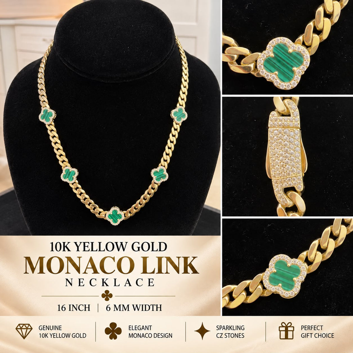 10K Yellow Gold Monaco Flower Necklace 16” 6mm Green , red , black and white CZ Accents