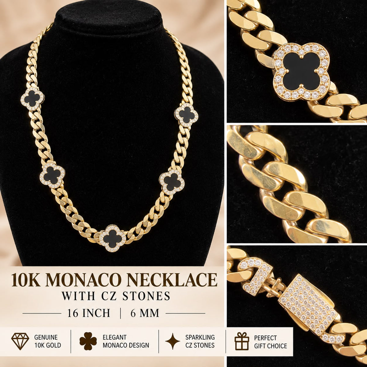 10K Yellow Gold Monaco Flower Necklace 16” 6mm Green , red , black and white CZ Accents