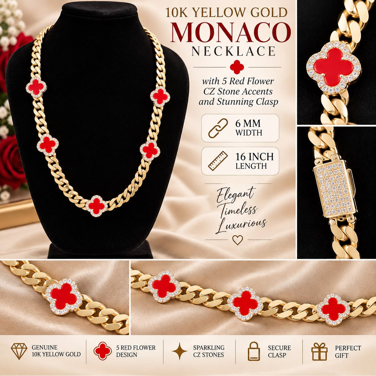 10K Yellow Gold Monaco Flower Necklace 16” 6mm Green , red , black and white CZ Accents