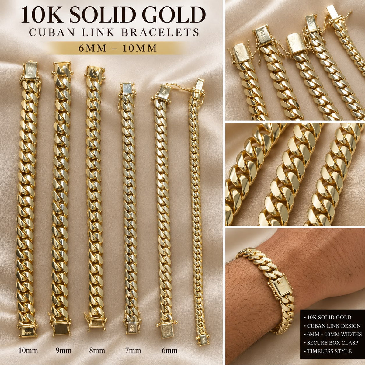 10K Solid Yellow Gold Cuban Link Bracelet 6MM–10MM Box Clasp Men’s – Choose Size