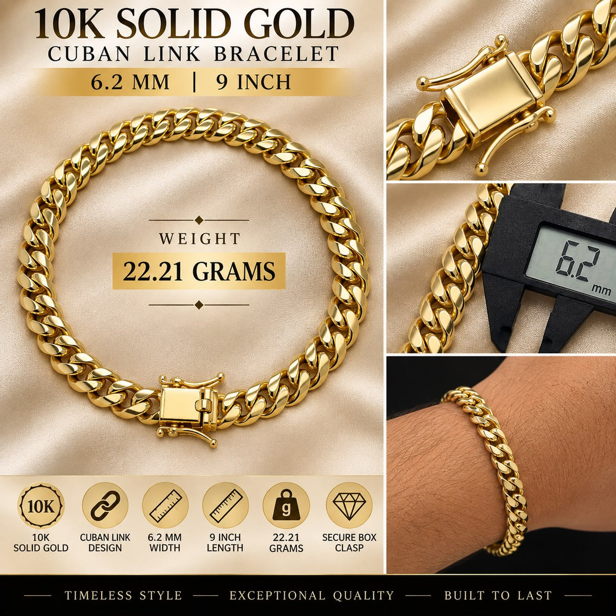 10K Solid Yellow Gold Cuban Link Bracelet 6MM–10MM Box Clasp Men’s – Choose Size