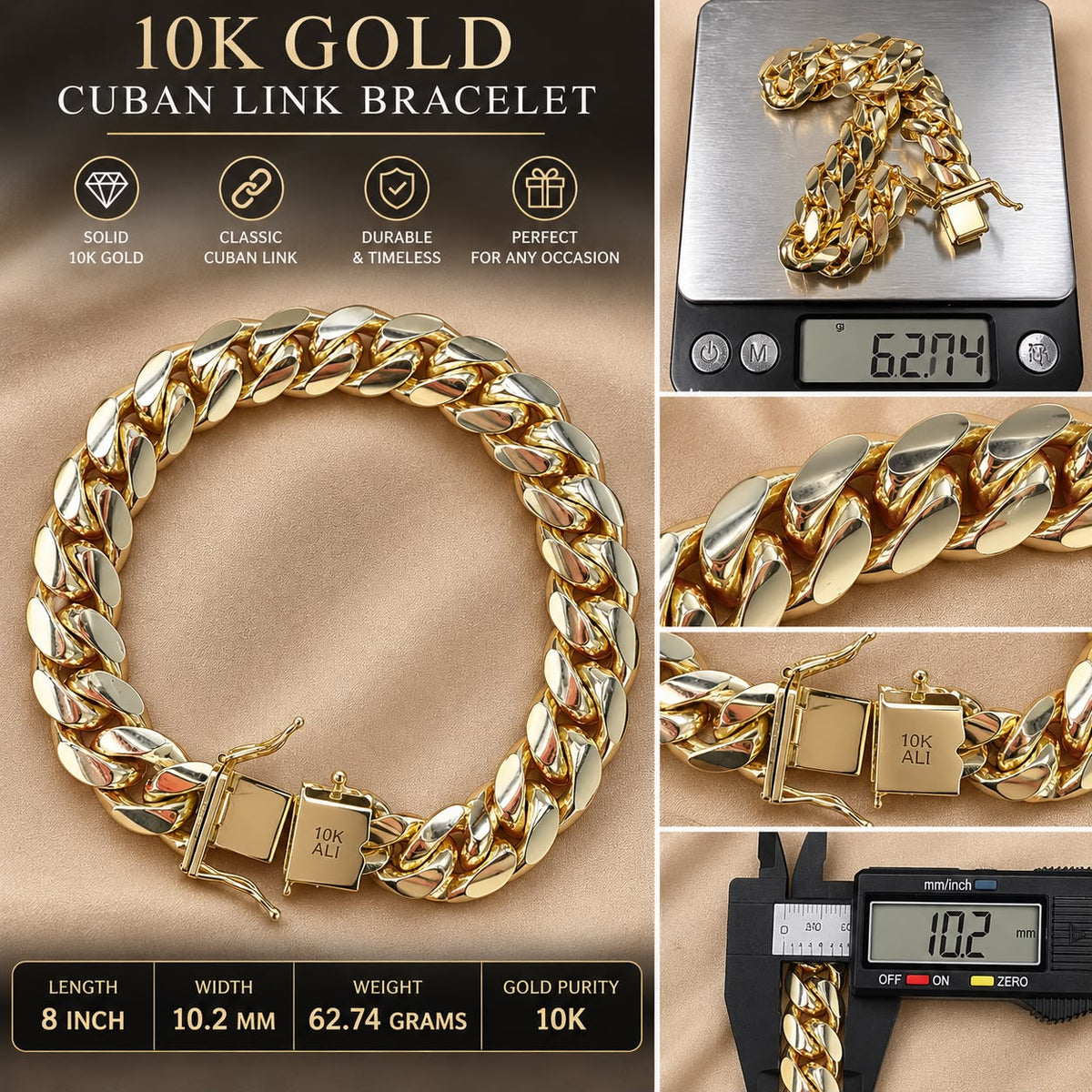 10K Solid Yellow Gold Cuban Link Bracelet 6MM–10MM Box Clasp Men’s – Choose Size