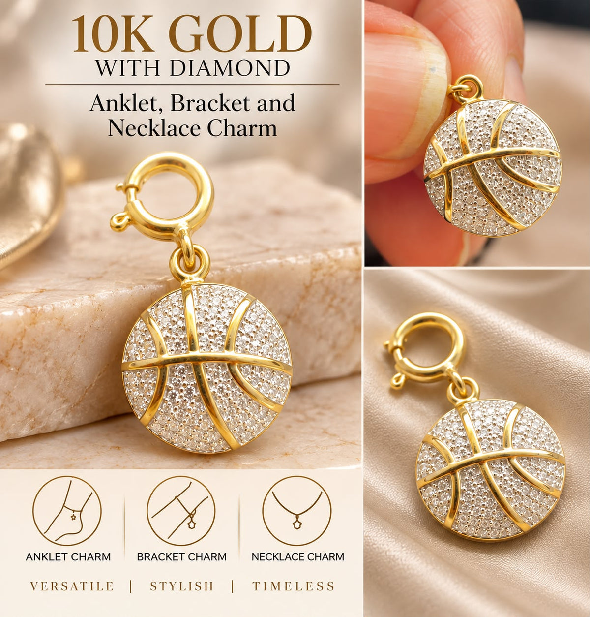 10K Yellow Gold Natural Diamond Charm Pendant – Choose Your Style – Bracelet Anklet Necklace