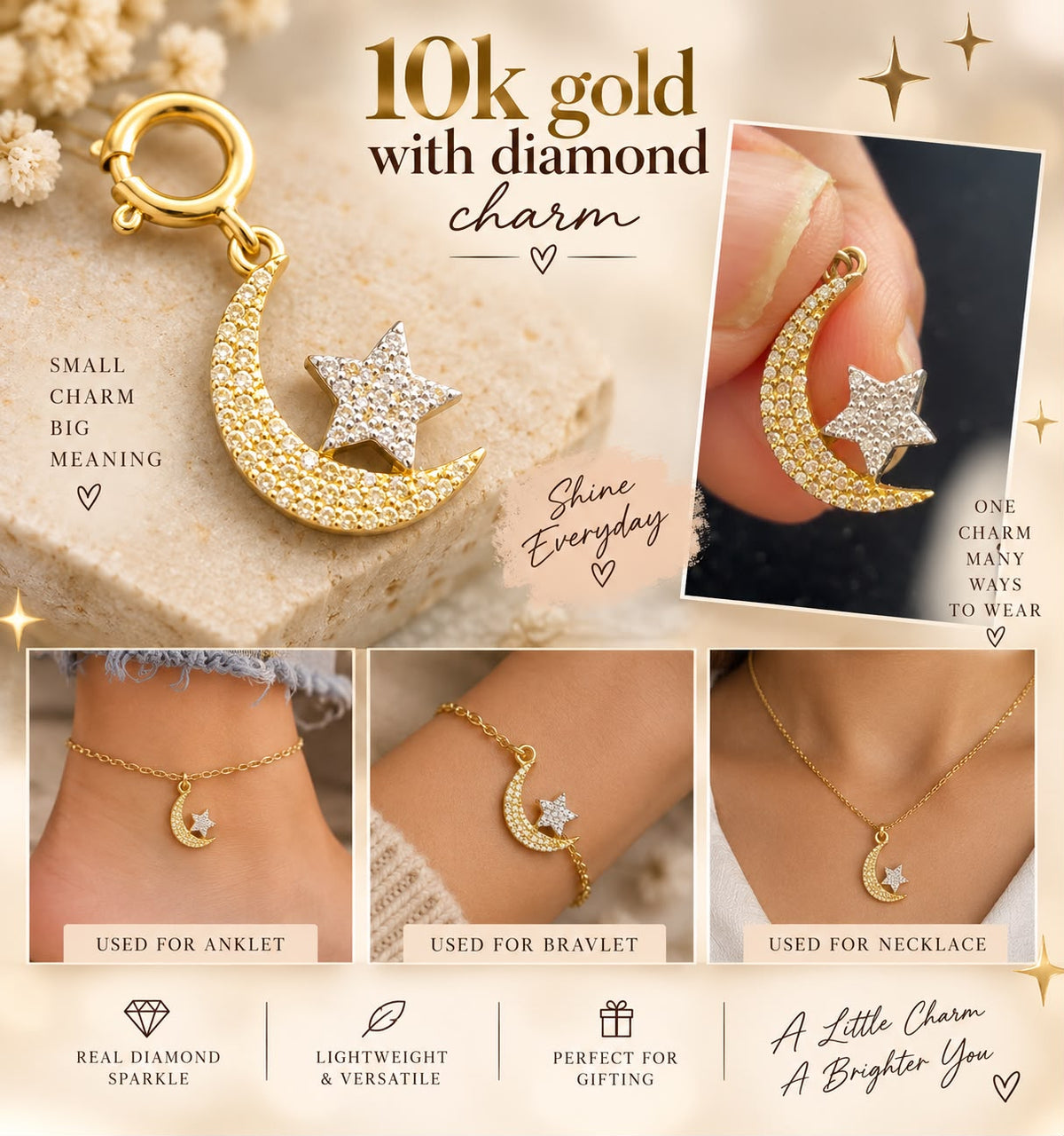 10K Yellow Gold Natural Diamond Charm Pendant – Choose Your Style – Bracelet Anklet Necklace