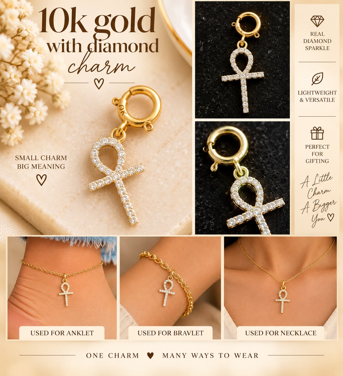 10K Yellow Gold Natural Diamond Charm Pendant – Choose Your Style – Bracelet Anklet Necklace