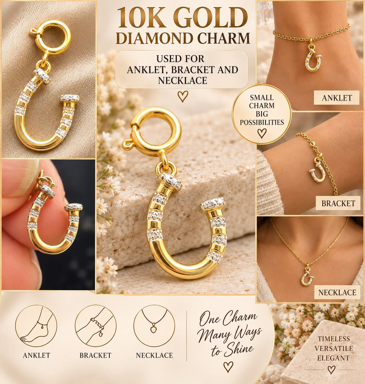10K Yellow Gold Natural Diamond Charm Pendant – Choose Your Style – Bracelet Anklet Necklace
