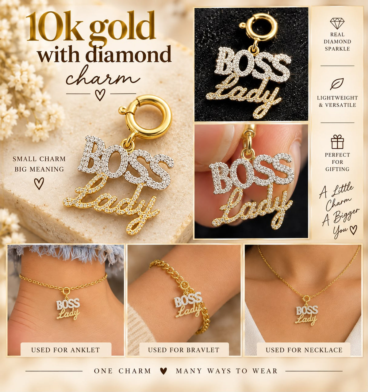 10K Yellow Gold Natural Diamond Charm Pendant – Choose Your Style – Bracelet Anklet Necklace