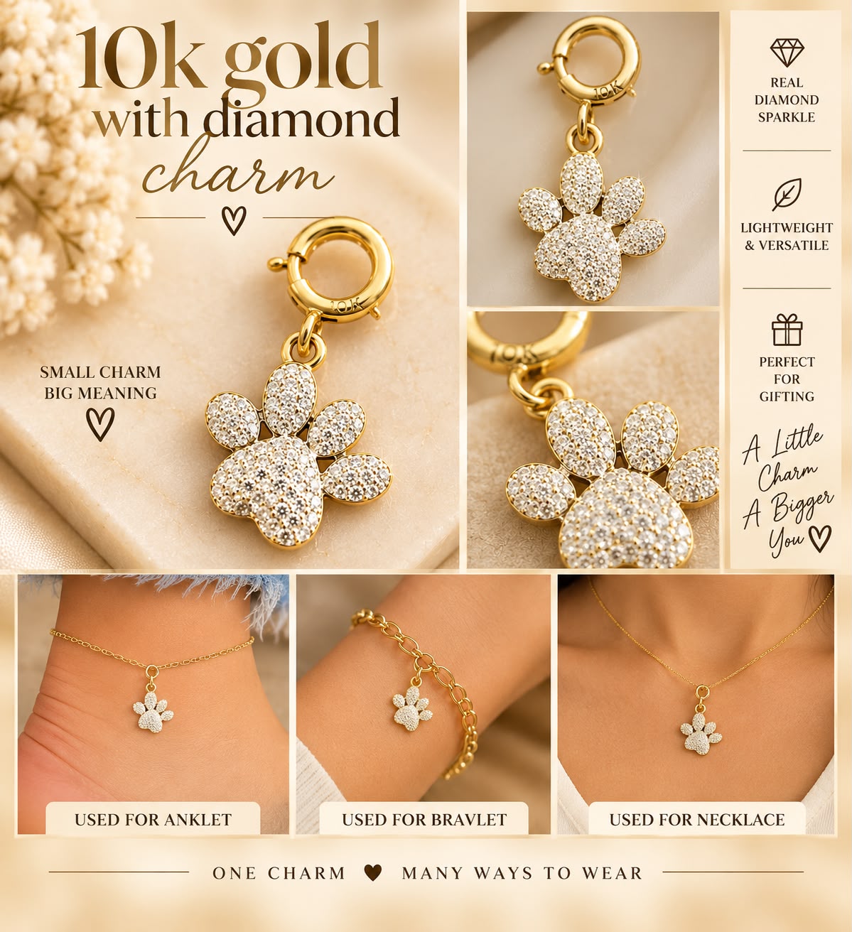 10K Yellow Gold Natural Diamond Charm Pendant – Choose Your Style – Bracelet Anklet Necklace