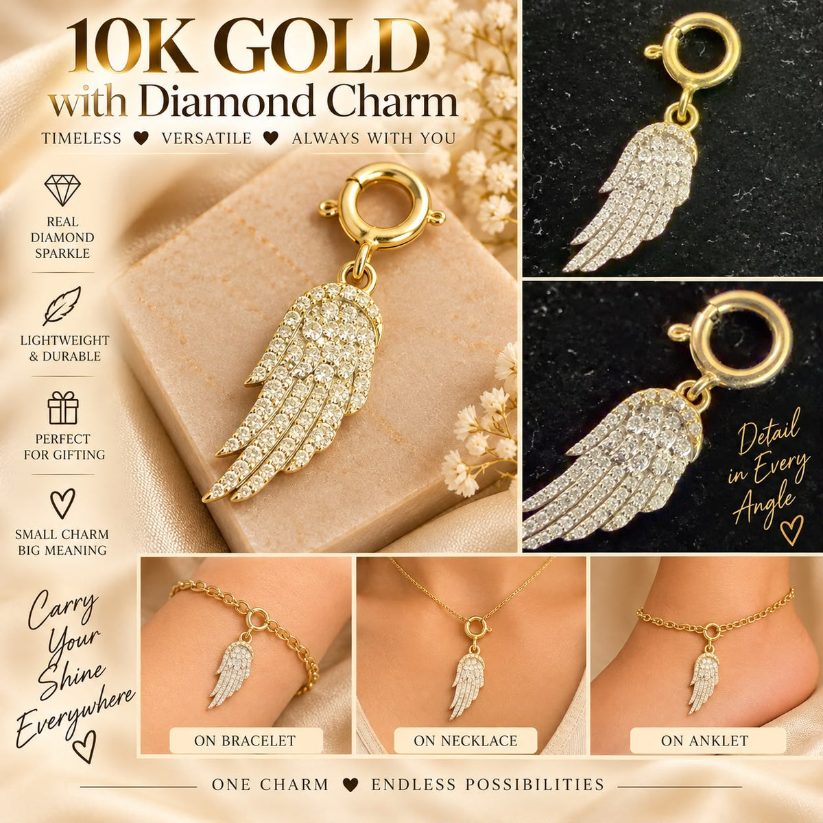 10K Yellow Gold Natural Diamond Charm Pendant – Choose Your Style – Bracelet Anklet Necklace