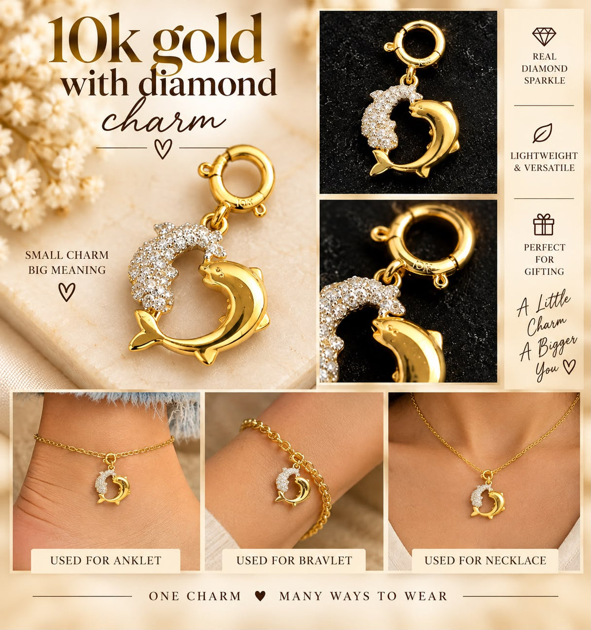 10K Yellow Gold Natural Diamond Charm Pendant – Choose Your Style – Bracelet Anklet Necklace
