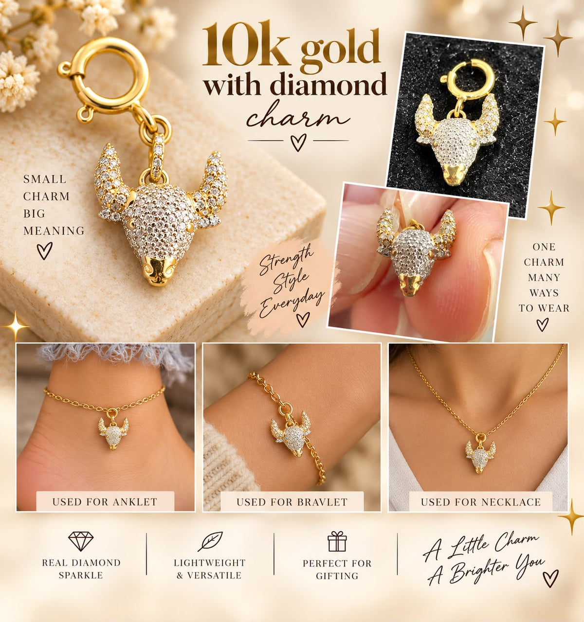 10K Yellow Gold Natural Diamond Charm Pendant – Choose Your Style – Bracelet Anklet Necklace