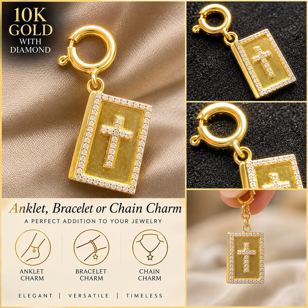 10K Yellow Gold Natural Diamond Charm Pendant – Choose Your Style – Bracelet Anklet Necklace