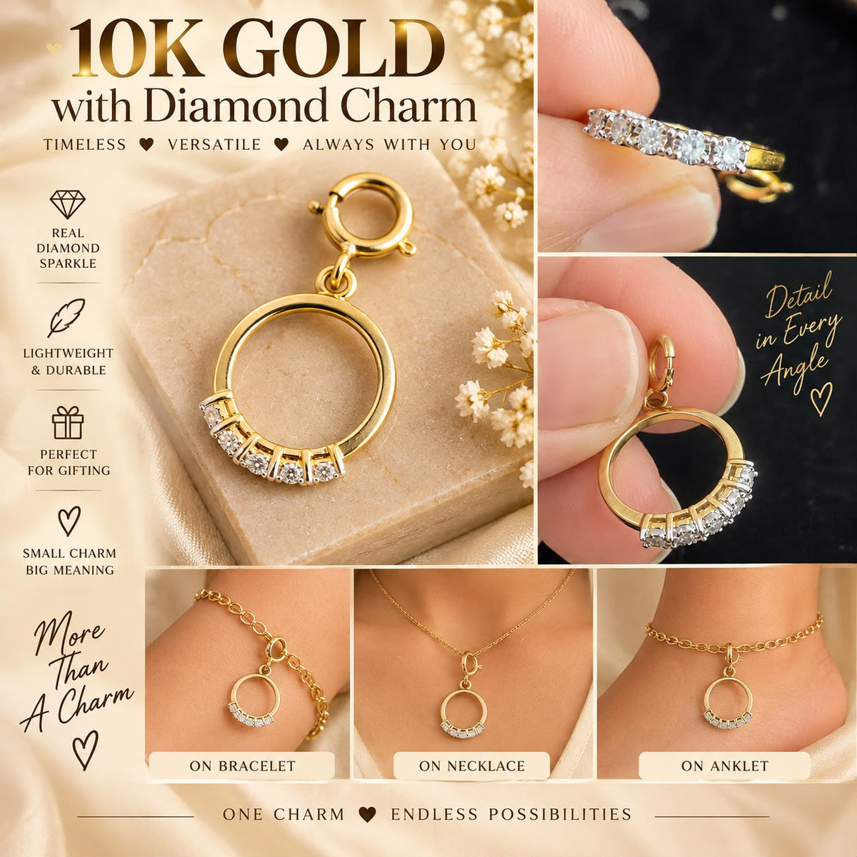 10K Yellow Gold Natural Diamond Charm Pendant – Choose Your Style – Bracelet Anklet Necklace