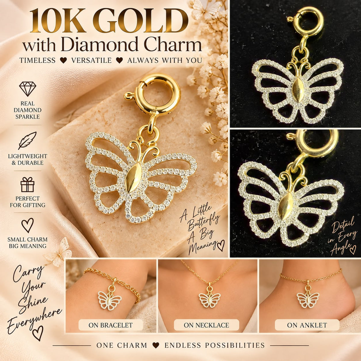 10K Yellow Gold Natural Diamond Charm Pendant – Choose Your Style – Bracelet Anklet Necklace