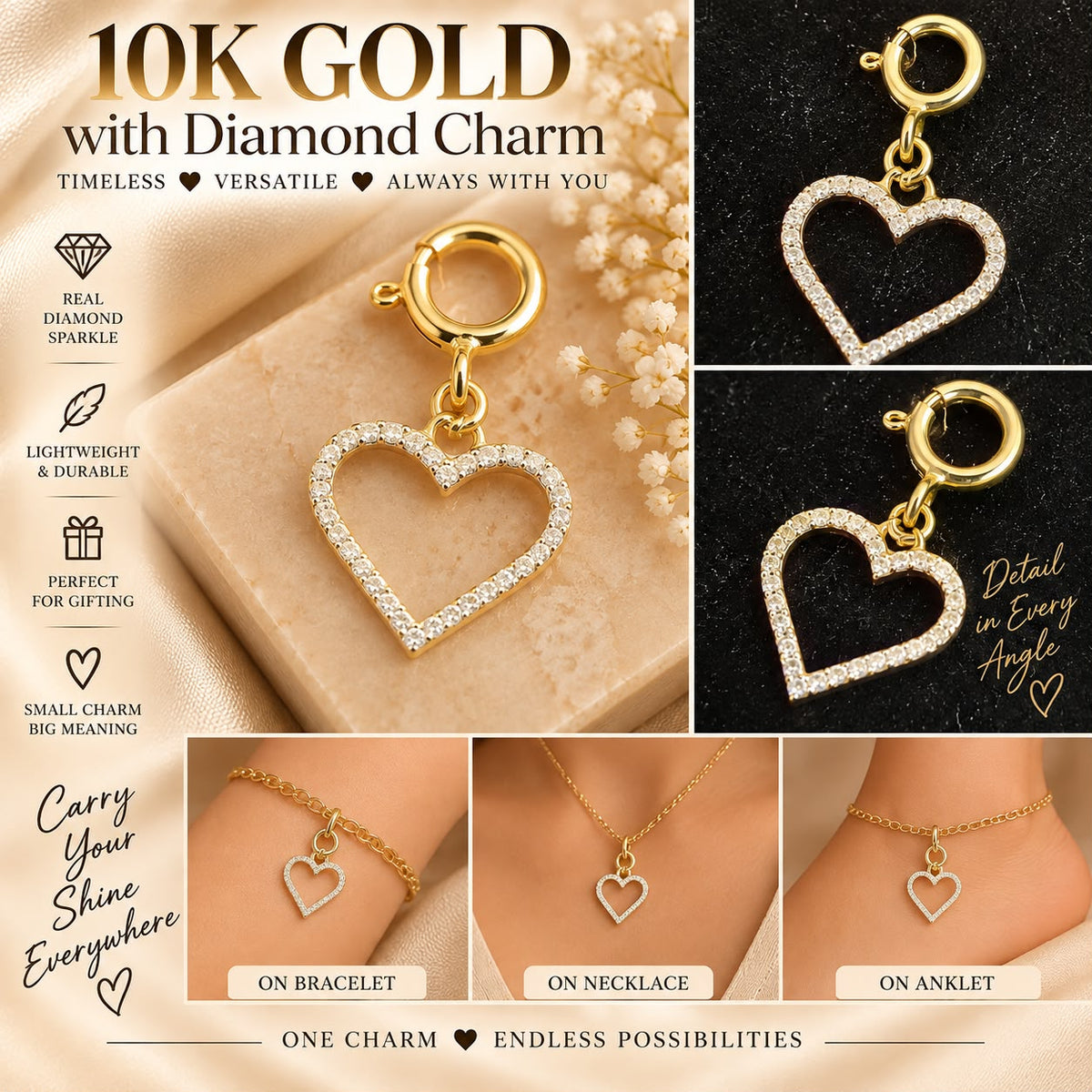10K Yellow Gold Natural Diamond Charm Pendant – Choose Your Style – Bracelet Anklet Necklace