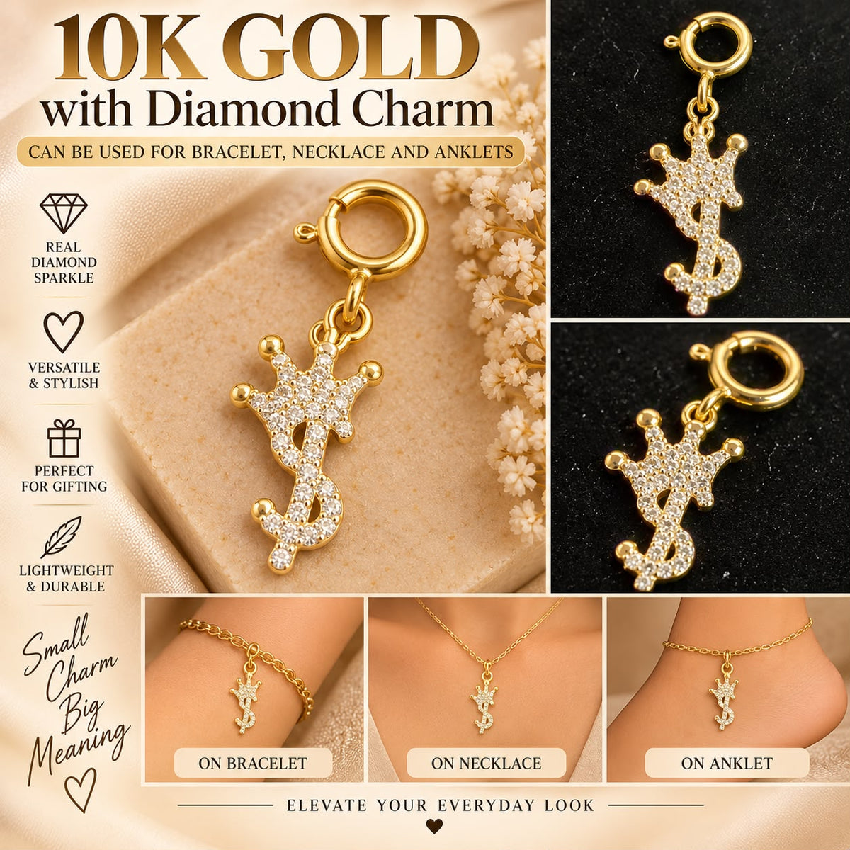 10K Yellow Gold Natural Diamond Charm Pendant – Choose Your Style – Bracelet Anklet Necklace