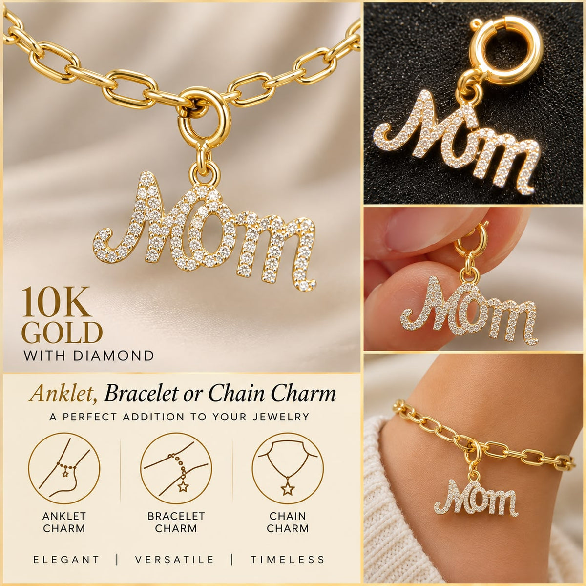 10K Yellow Gold Natural Diamond Charm Pendant – Choose Your Style – Bracelet Anklet Necklace
