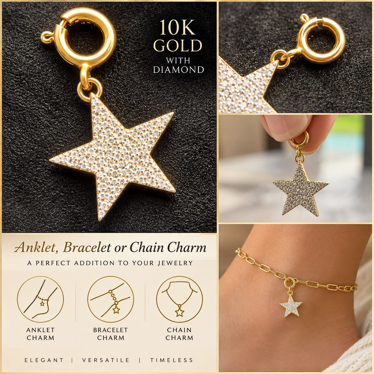 10K Yellow Gold Natural Diamond Charm Pendant – Choose Your Style – Bracelet Anklet Necklace