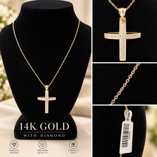 14K Yellow Gold 18” Chain with 1.5” Diamond Cross Pendant Necklace