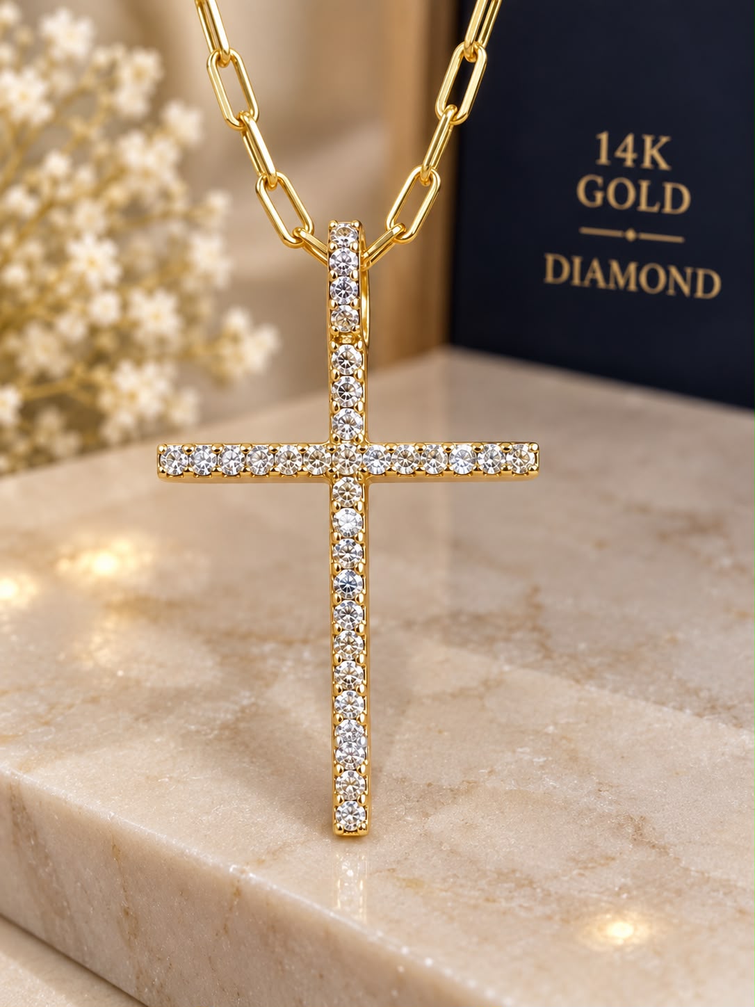 14K Yellow Gold 16” Paperclip Chain w/ 1” Diamond Cross Pendant Necklace