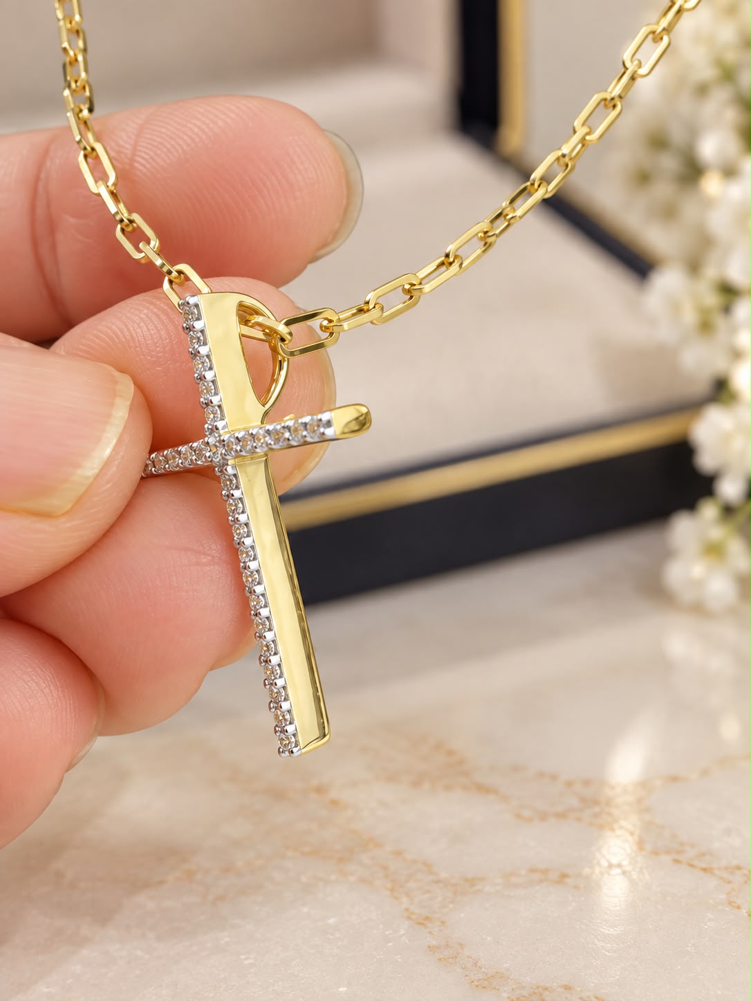 14K Yellow Gold 16” Paperclip Chain w/ 1” Diamond Cross Pendant Necklace